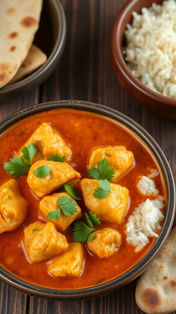 A bowl of butter chicken curry with chicken in creamy tomato sauce, garnished with cilantro, served with naan and rice.